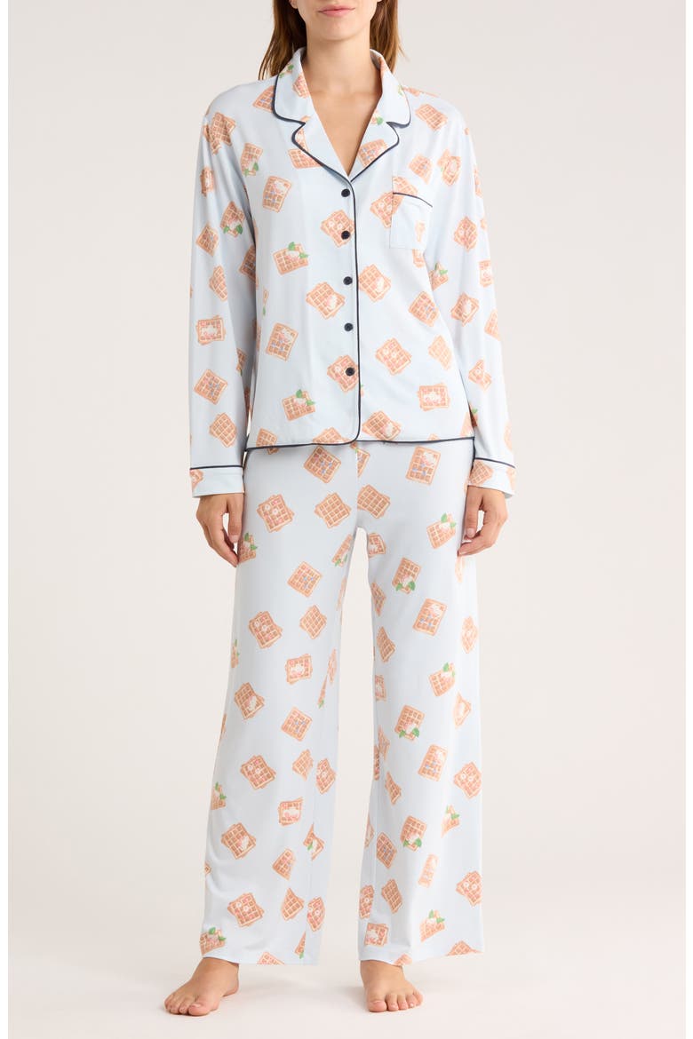 Quiet Night Long Sleeve Button-Up Top & Pants Pajamas, Main, color, SKY BLUE WAFFLES