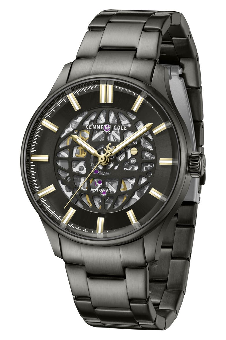 The Thompson Skeleton Automatic Bracelet Watch, 43.5mm, Alternate, color, DARK GRAY / GUN