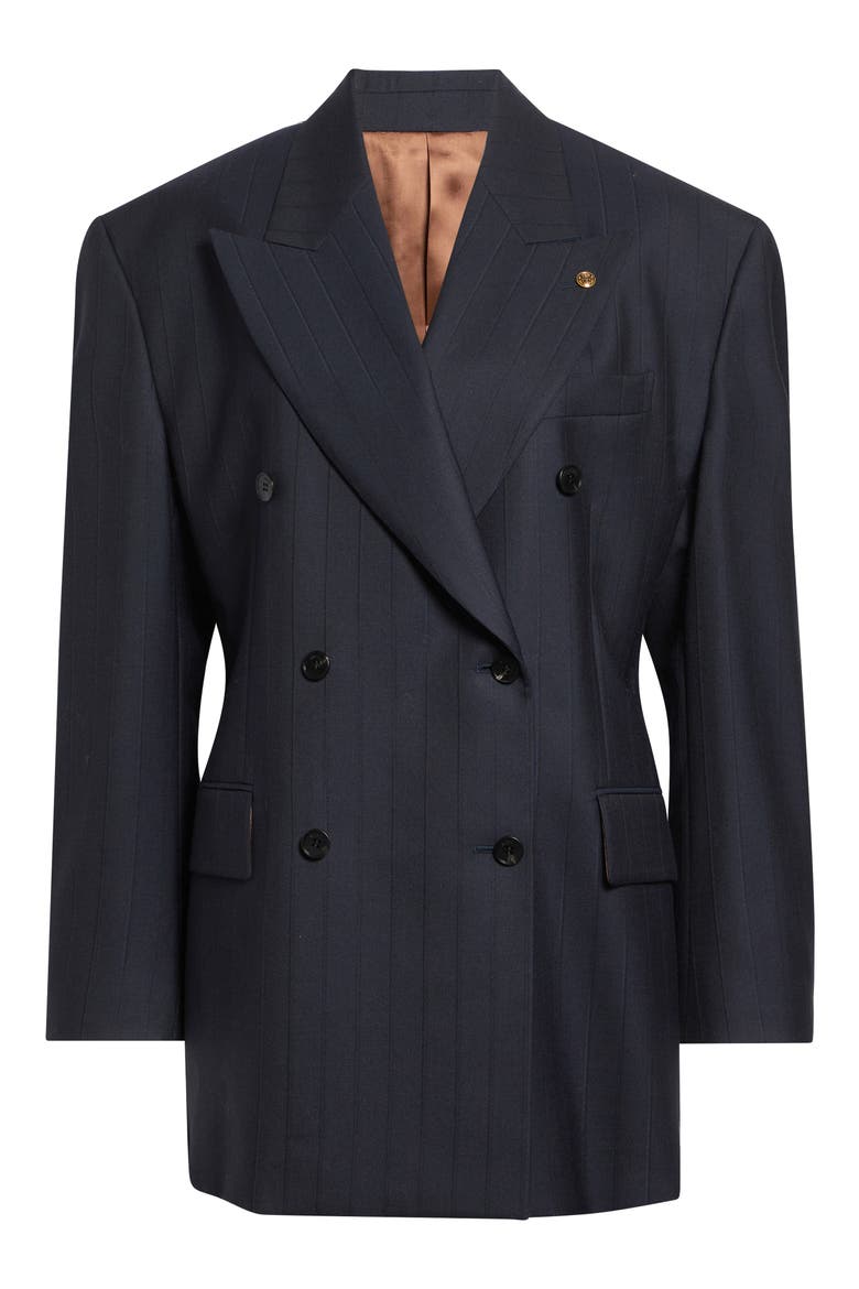 Pinstripe Double Breasted Virgin Wool Blazer, Main, color, DARK NAVY BLACK