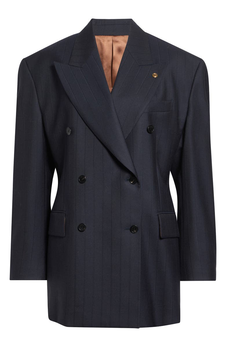 Versace Pinstripe Double Breasted Virgin Wool Blazer, Main, color, Dark Navy Black