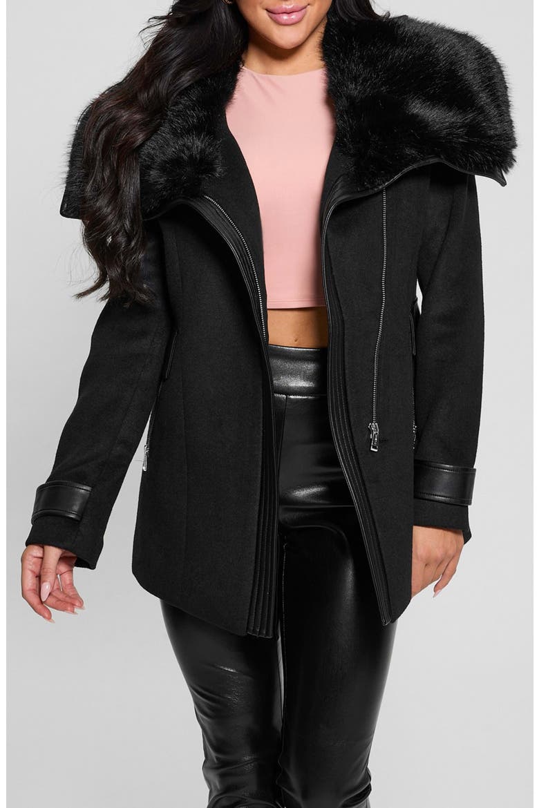 Lilia Melton Coat with Faux Fur Trim, Main, color, BLACK-BLACK