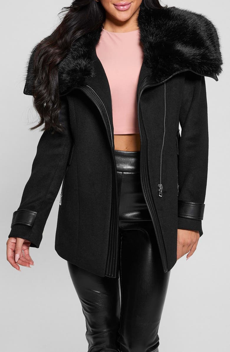 GUESS Lilia Melton Coat with Faux Fur Trim, Main, color, Black-Black