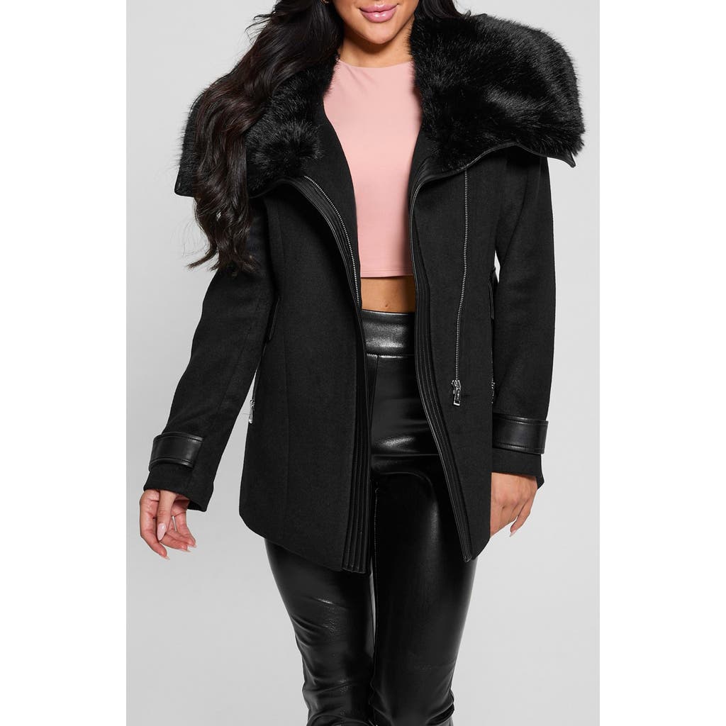 Guess Lilia Melton Coat With Faux Fur Trim In Black