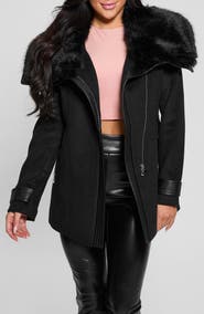 GUESS Lilia Melton Coat with Faux Fur Trim