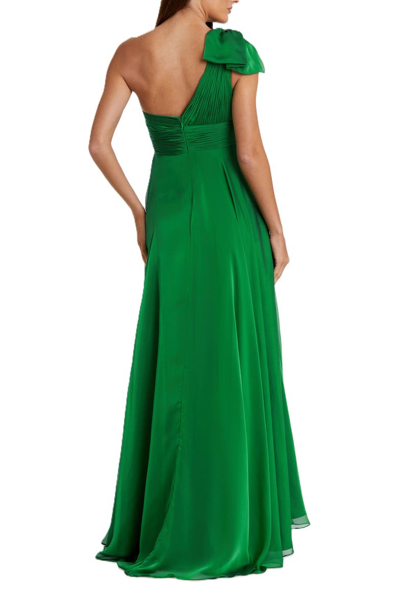 One Shoulder Pleated Chiffon Gown with Draped Waist and High Slit, Alternate, color, EMERALD