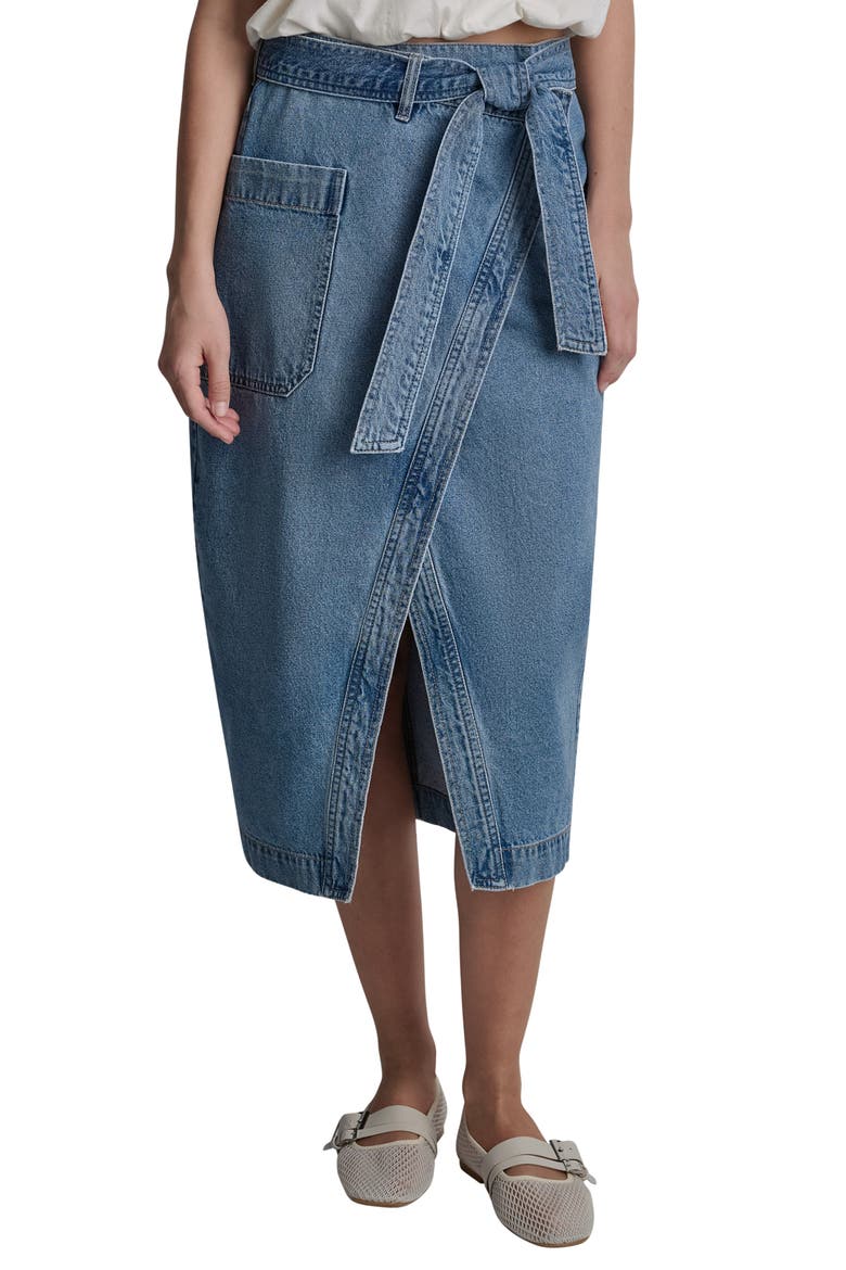 High Waist Wrap Denim Midi Skirt, Main, color, CROWN STRE