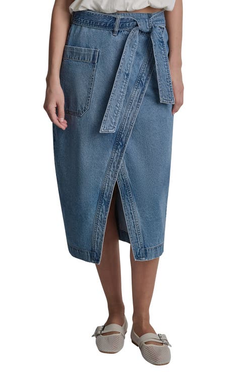 High Waist Wrap Denim Midi Skirt