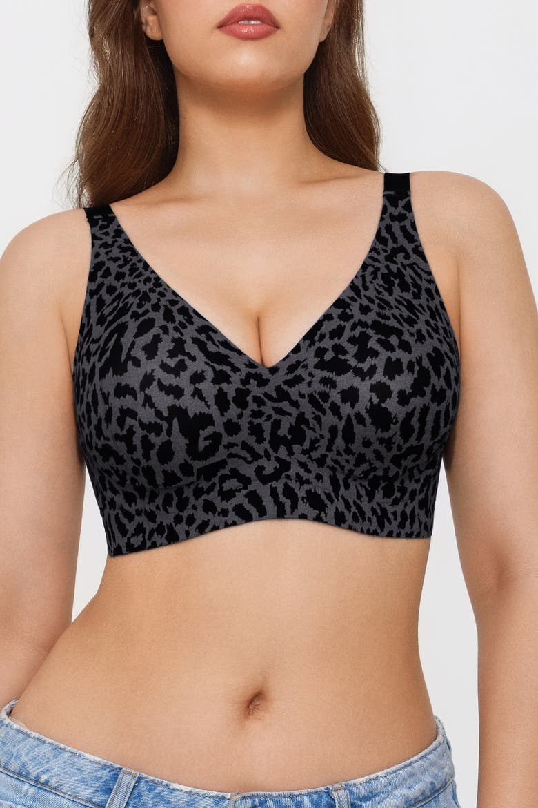 Seamless Wireless Jelly Leopard Contour Minimizer Support Bra, Alternate, color, Black Leopard