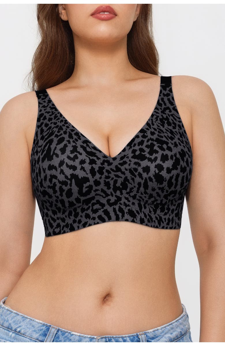 Popilush Seamless Wireless Jelly Leopard Contour Minimizer Support Bra, Alternate, color, Black Leopard
