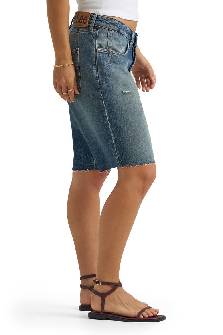 Darted Slouch Distressed Raw Hem Denim Bermuda Shorts, Alternate, color, HEAVY RAINFALL