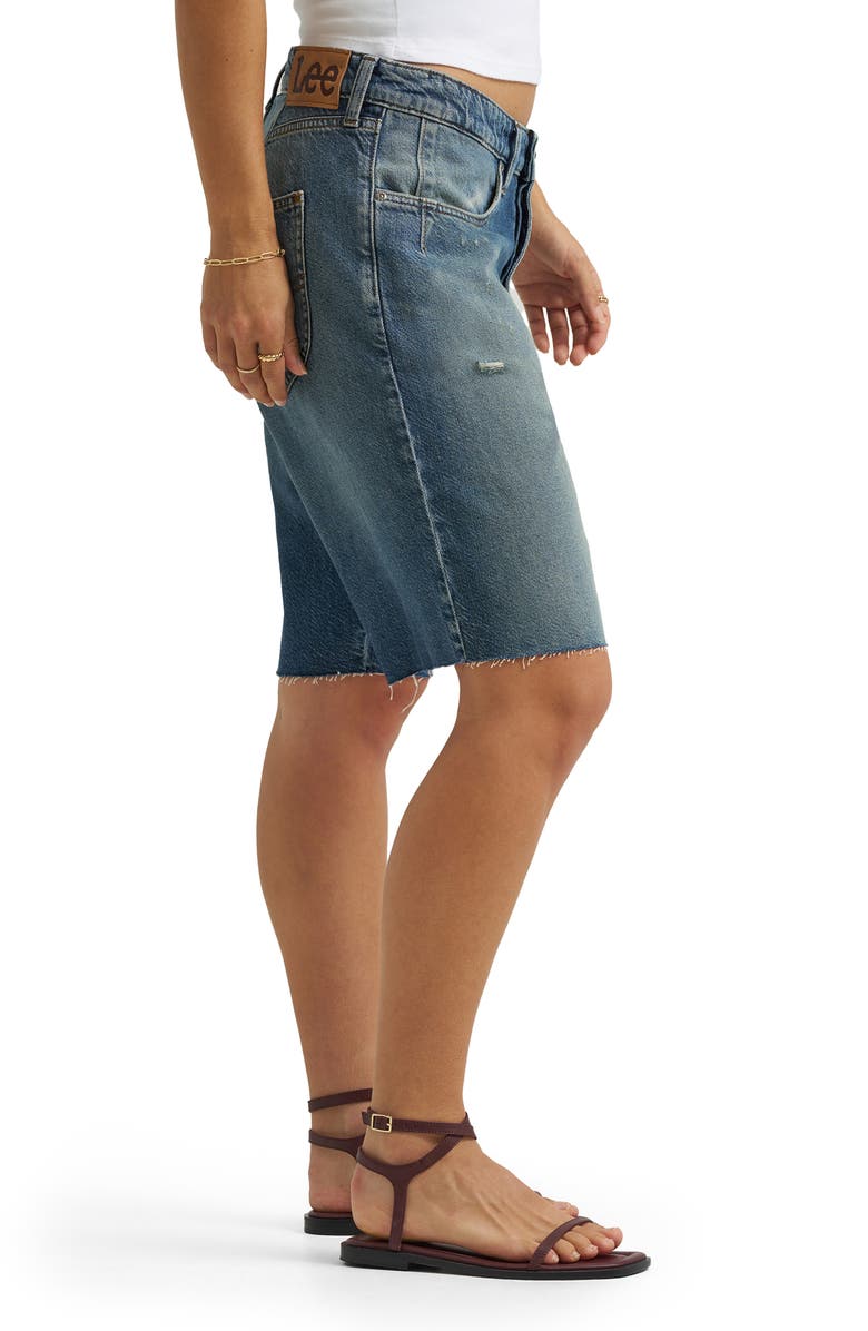 Lee Darted Slouch Distressed Raw Hem Denim Bermuda Shorts, Alternate, color, Heavy Rainfall