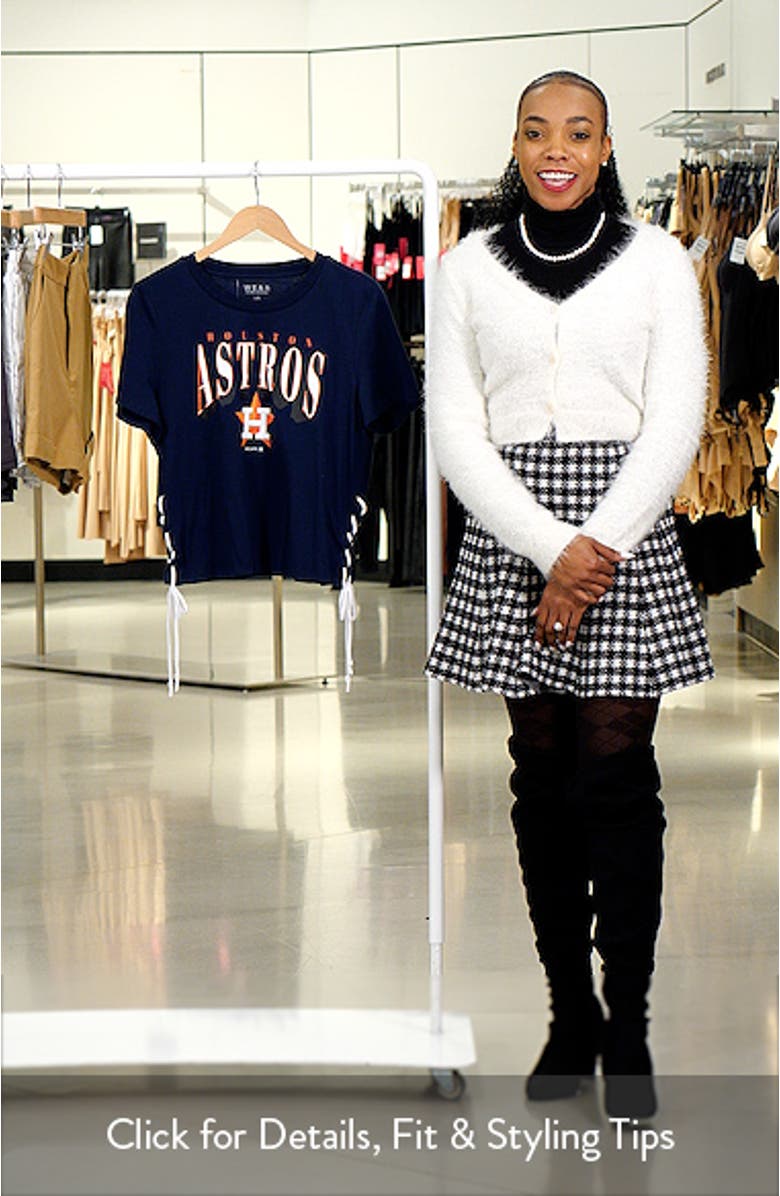 Women's WEAR by Erin Andrews Navy Houston Astros Side Lace-Up Cropped T-Shirt, sales video thumbnail