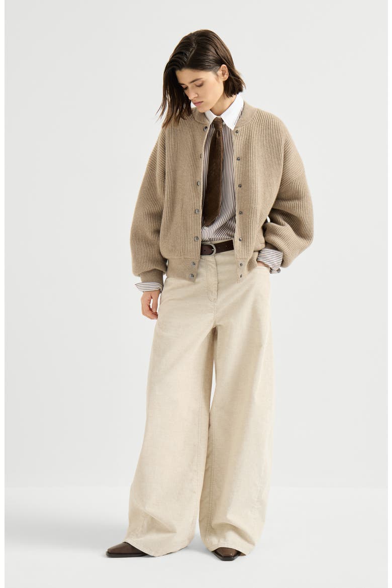 Garment-dyed wide trousers in cotton and linen corduroy with monili, Alternate, color, Ecru