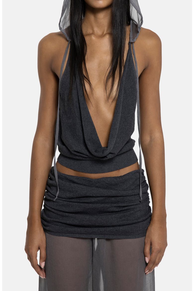 Plunge Neck Knit Chiffon Hooded Top, Main, color, GREY