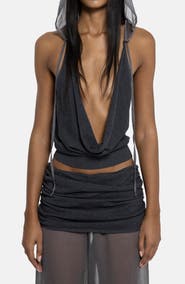 JADED LONDON Plunge Neck Knit Chiffon Hooded Top