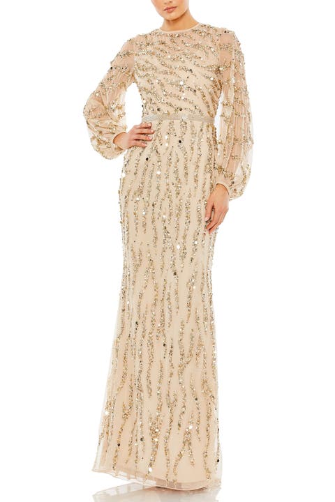 Embellished High Neck Puff Sleeve Trumpet Gown