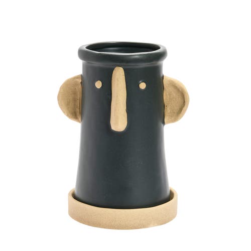Storied Home Stoneware Face Planter With Saucer In Black