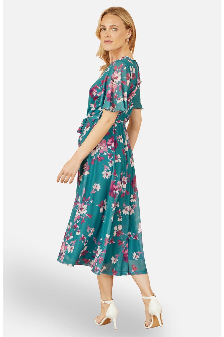 Mesh Skater Floral Midi Dress, Alternate, color, Teal