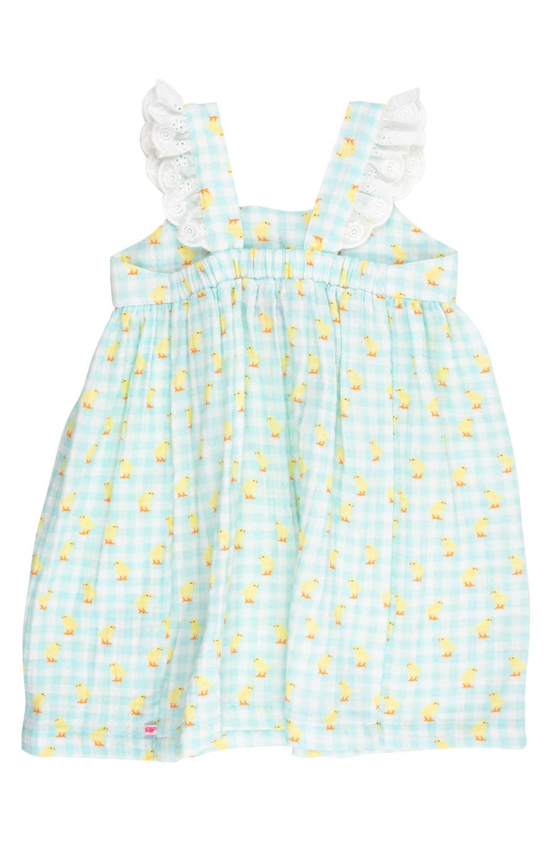 RuffleButts Cotton Gauze Flutter Bow Woven Dress, Alternate, color, Chirping Chicks Gingham