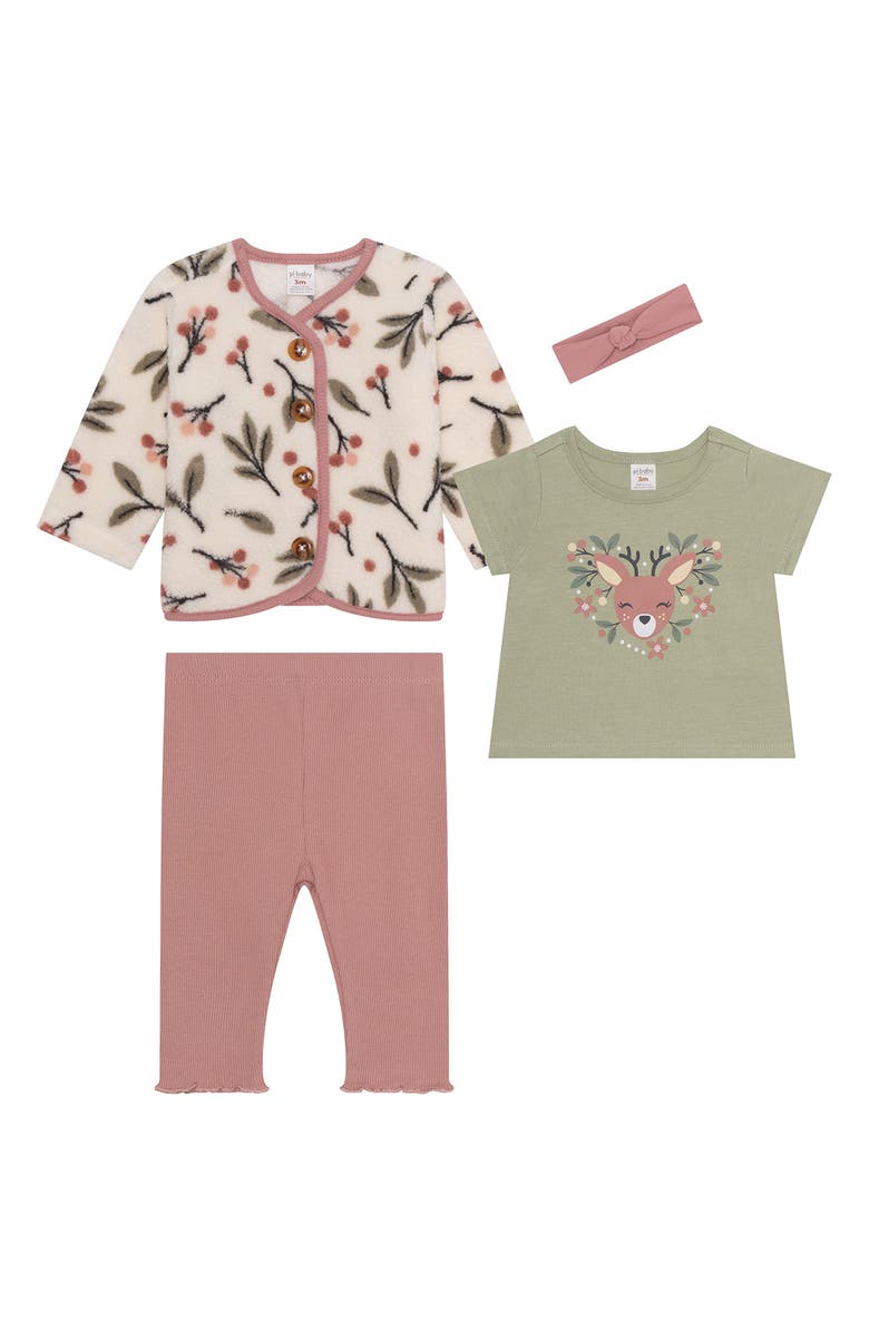 PL Baby by Petit Lem Fleece Jacket, Graphic T-Shirt, Joggers and Headband Set, Main, color, Deer