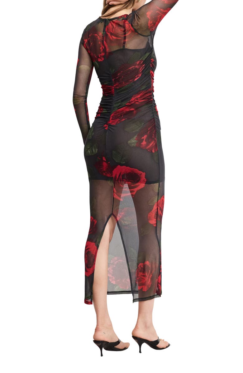 Good American Ruched Long Sleeve Mesh Maxi Dress, Alternate, color, Moody Red Roses001