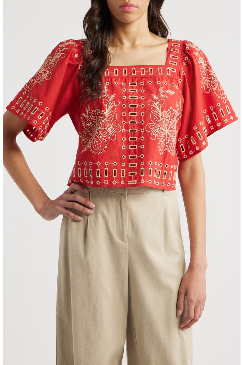Laine Embroidered Eyelet Square Neck Cotton Top, Main, color, TERRACOTTA