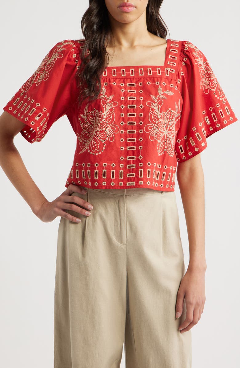 Rails Laine Embroidered Eyelet Square Neck Cotton Top, Main, color, 