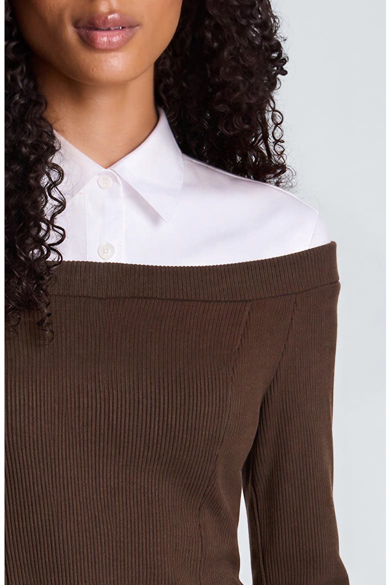 Combo Off the Shoulder Top, Alternate, color, JAVA BROWN/ PURE WHITE