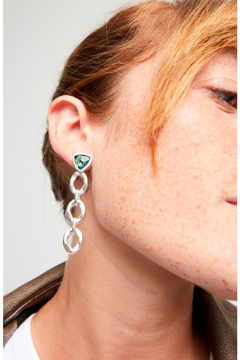 Sterling Silver Plated Earrings with Link and Green Crystal, Alternate, color, Silver