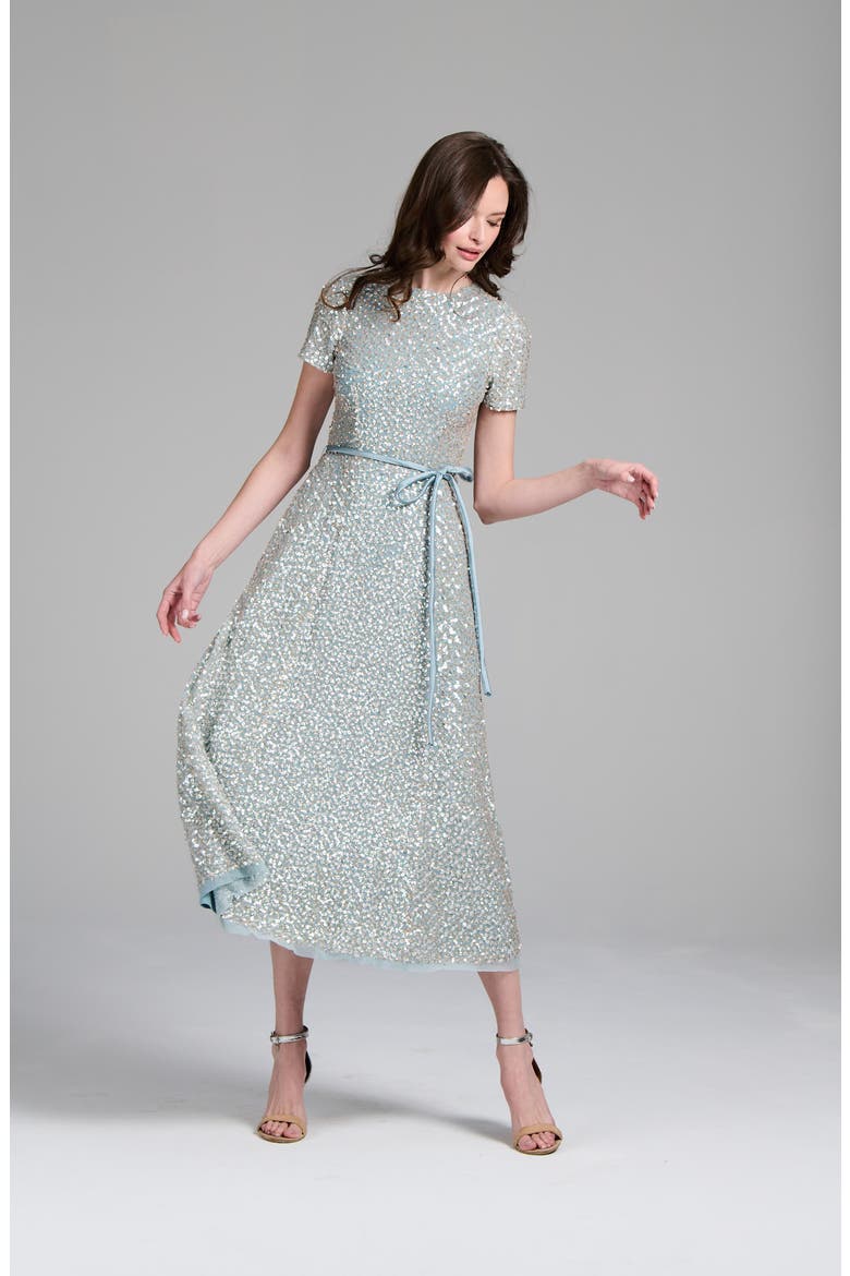Sequin Encrusted Translucent Tie Waist Cocktail Dress, Alternate, color, LIGHT BLUE