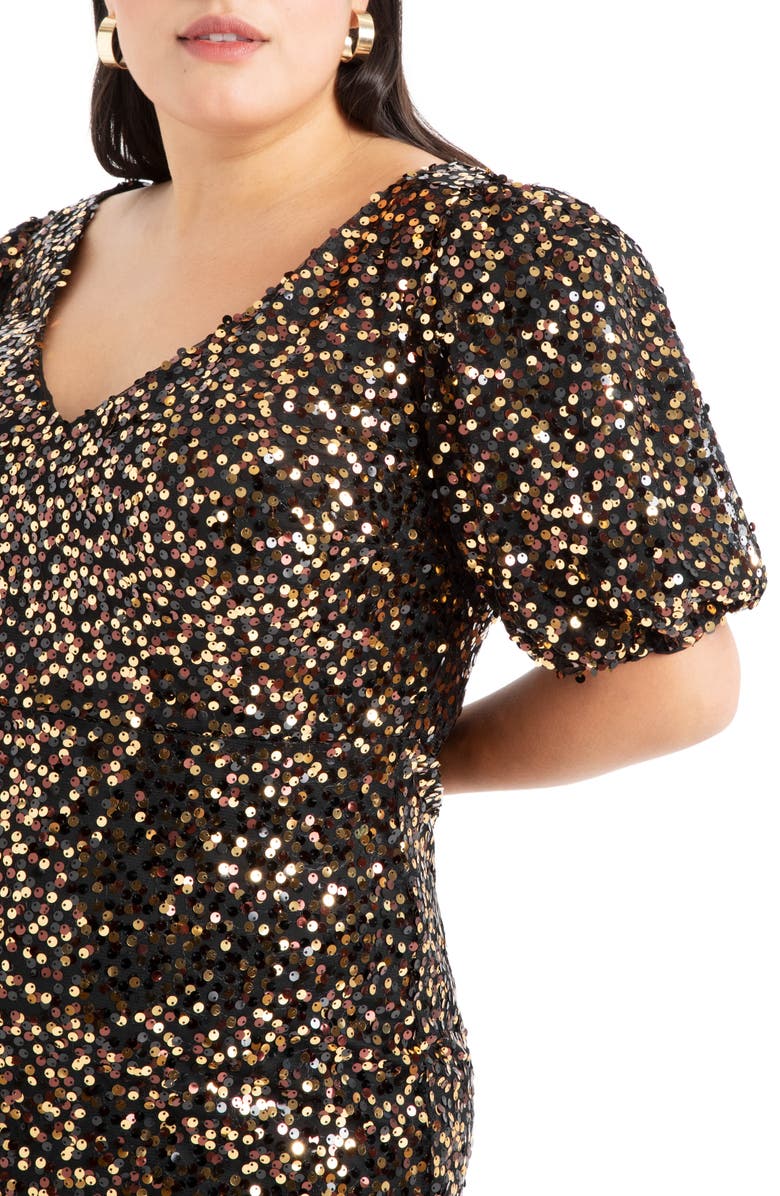 ELOQUII Sequin Puff Sleeve Fit & Flare Dress, Alternate, color, 