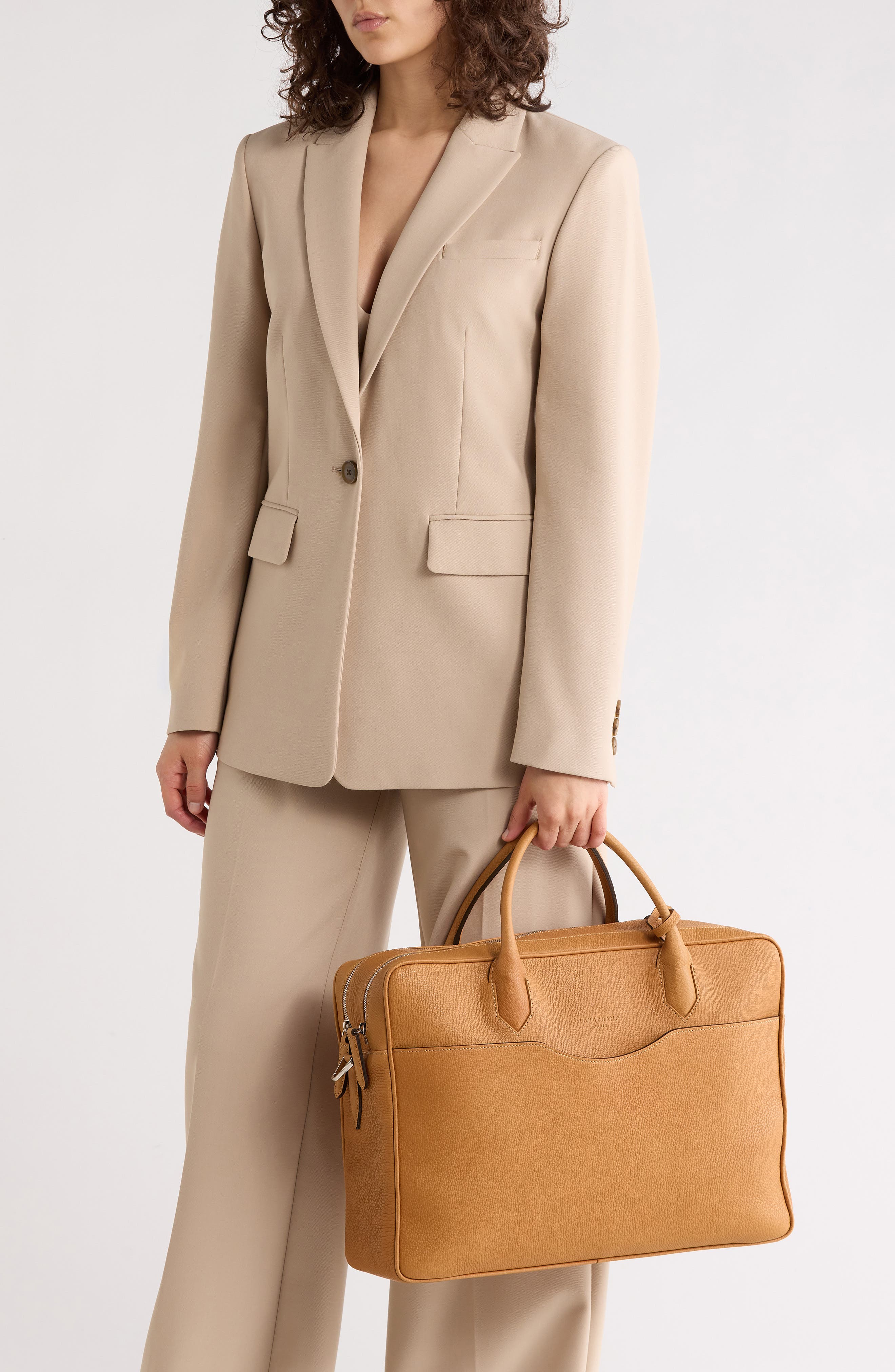 Longchamp Large Leather Briefcase, Alternate, color, Natural