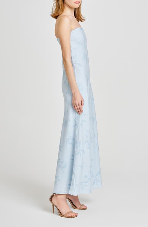 Shop Wayf All Yours Floral Jacquard Strapless Linen Blend Maxi Dress In Baby Blue Floret