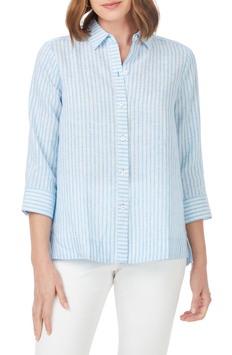Foxcroft Harley Stripe Linen Button-Up Shirt, Main, color, Blue Breeze