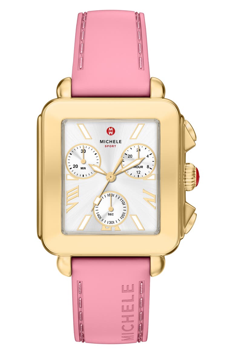 Deco Sport Mid Chronograph Silicone Strap Watch, 34mm x 36mm, Main, color, PINK