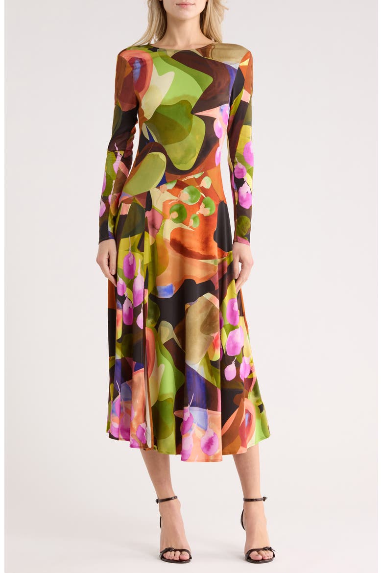 Long Sleeve Woven Dress, Main, color, GREEN/ ORANGE MULTI