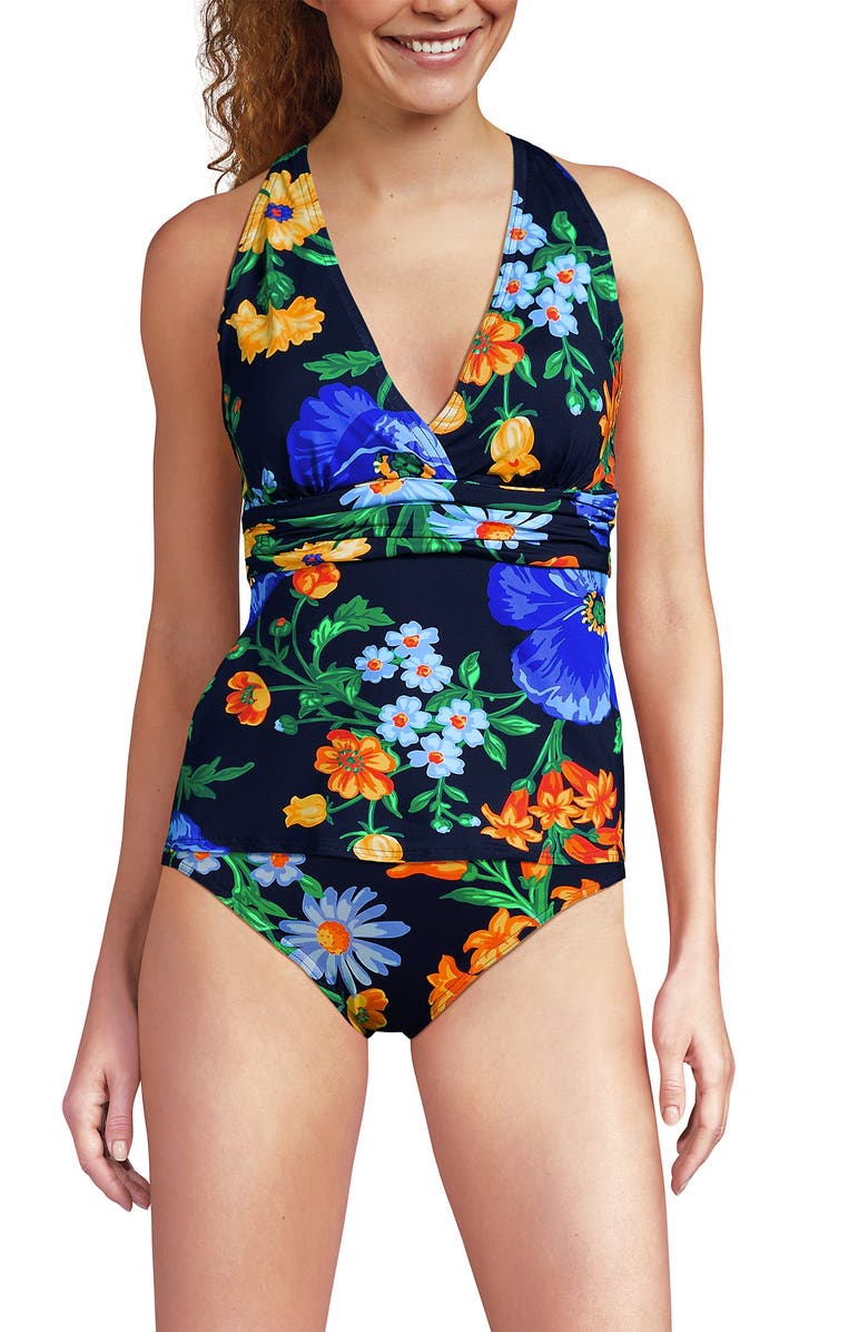 Lands' End Chlorine Resistant Plunge X-Back Tankini Swimsuit Top, Alternate, color, Navy Mosaic Mini Tile
