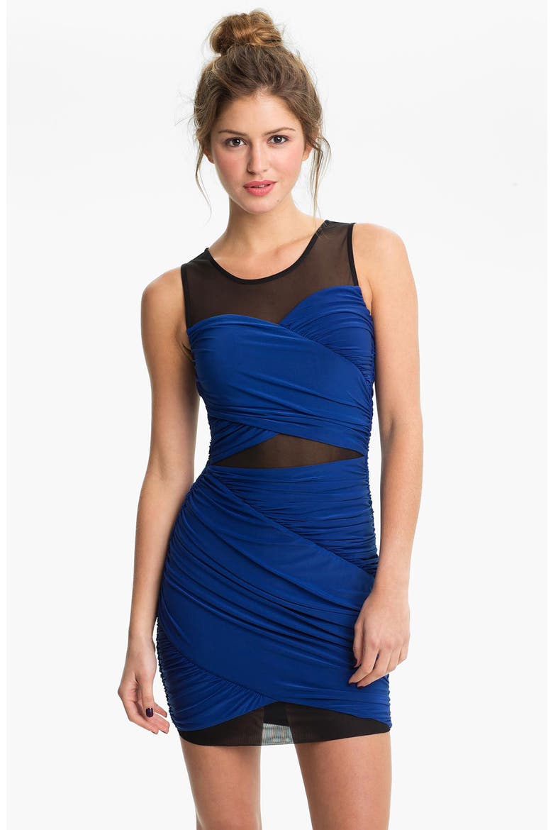 Mesh Panel Draped Body-Con Dress, Main, color, COBALT