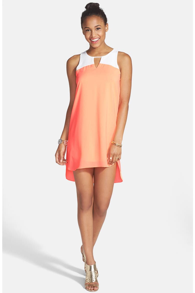 Colorblock High/Low Shift Dress, Main, color, CORAL/ IVORY