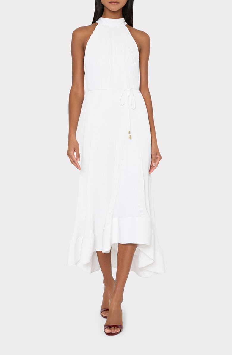Milly Nalani Pleated Sleeveless High-Low Midi Dress, Main, color, White