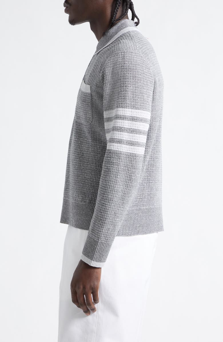 Thom Browne Relaxed 4-Bar Textured Stitch Linen & Cotton Polo Sweater, Alternate, color, Light Grey