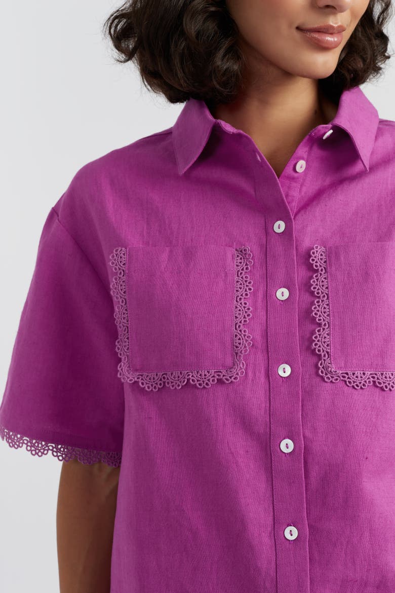 Sienna Linen-Blend Scallop Edge Shirt, Alternate, color, Magenta