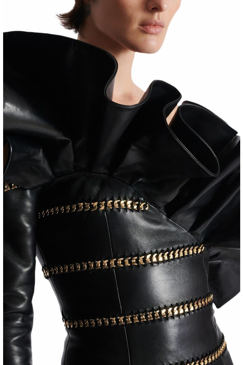 Asymmetric Leather Bodycon Dress With Chains, Alternate, color, Black