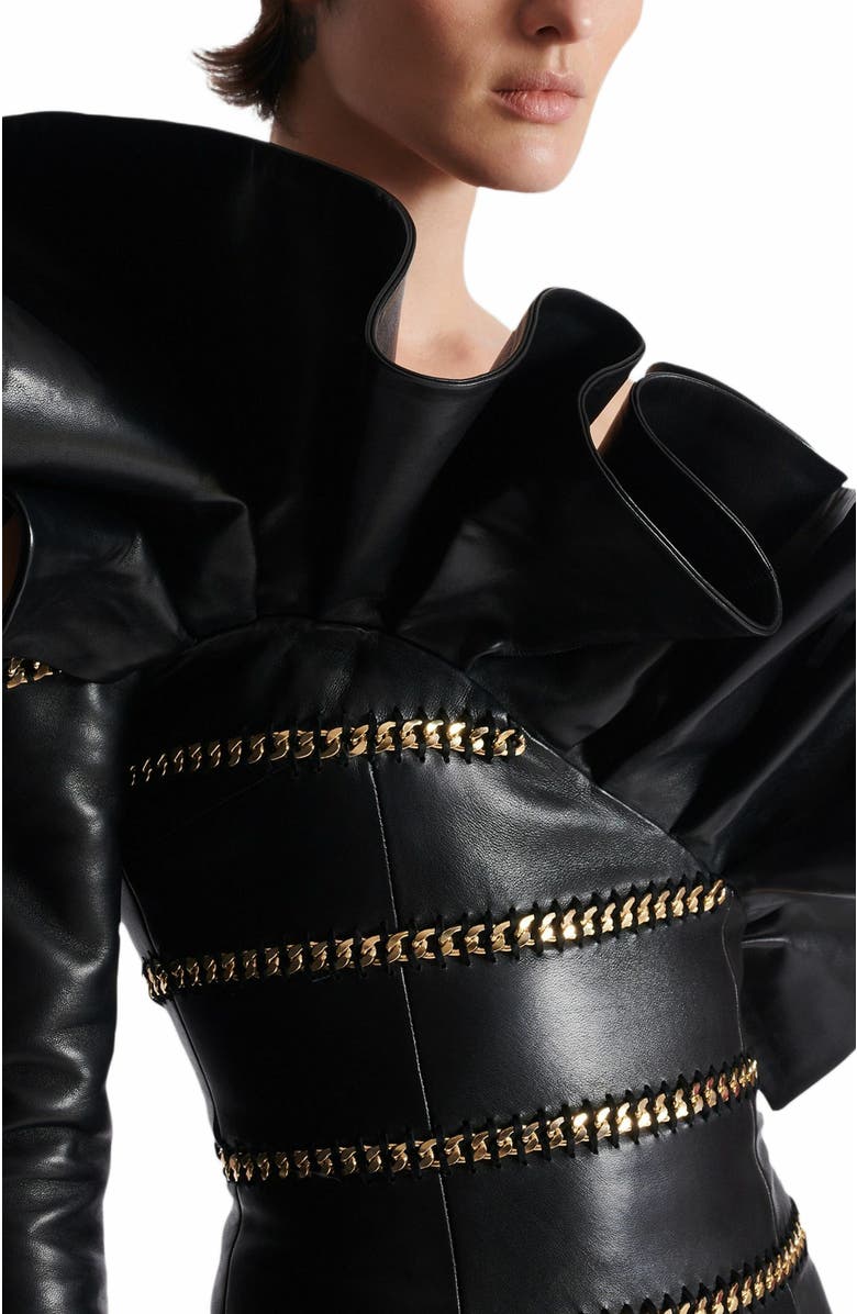 Balmain Asymmetric Leather Bodycon Dress With Chains, Alternate, color, Black