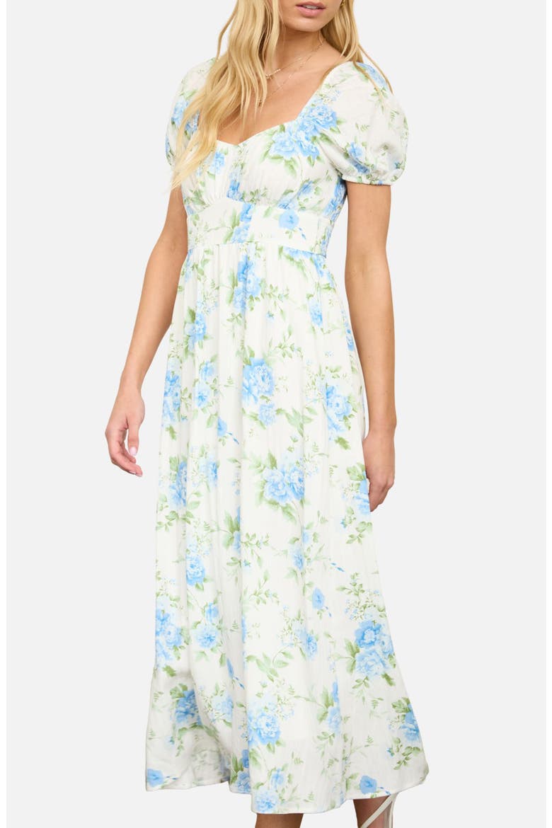 Puff Sleeve Midi Dress, Alternate, color, BLUE/ IVORY