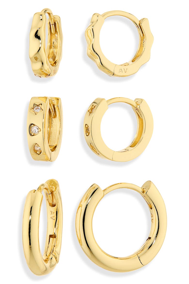 Set of 3 Huggie Hoop Earrings, Main, color, GOLD