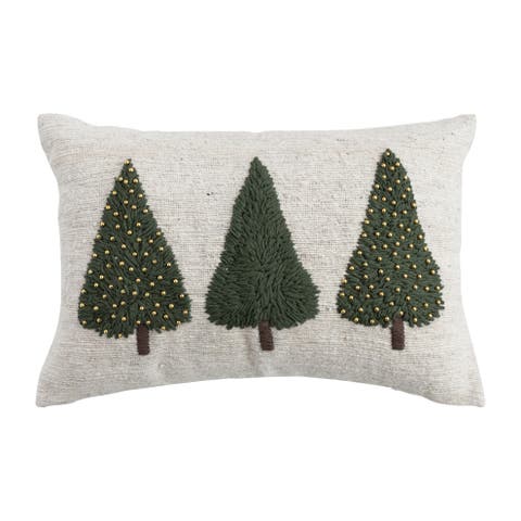 Hand-Woven and Wool Lumbar Pillow with Embroidered Trees and Beads