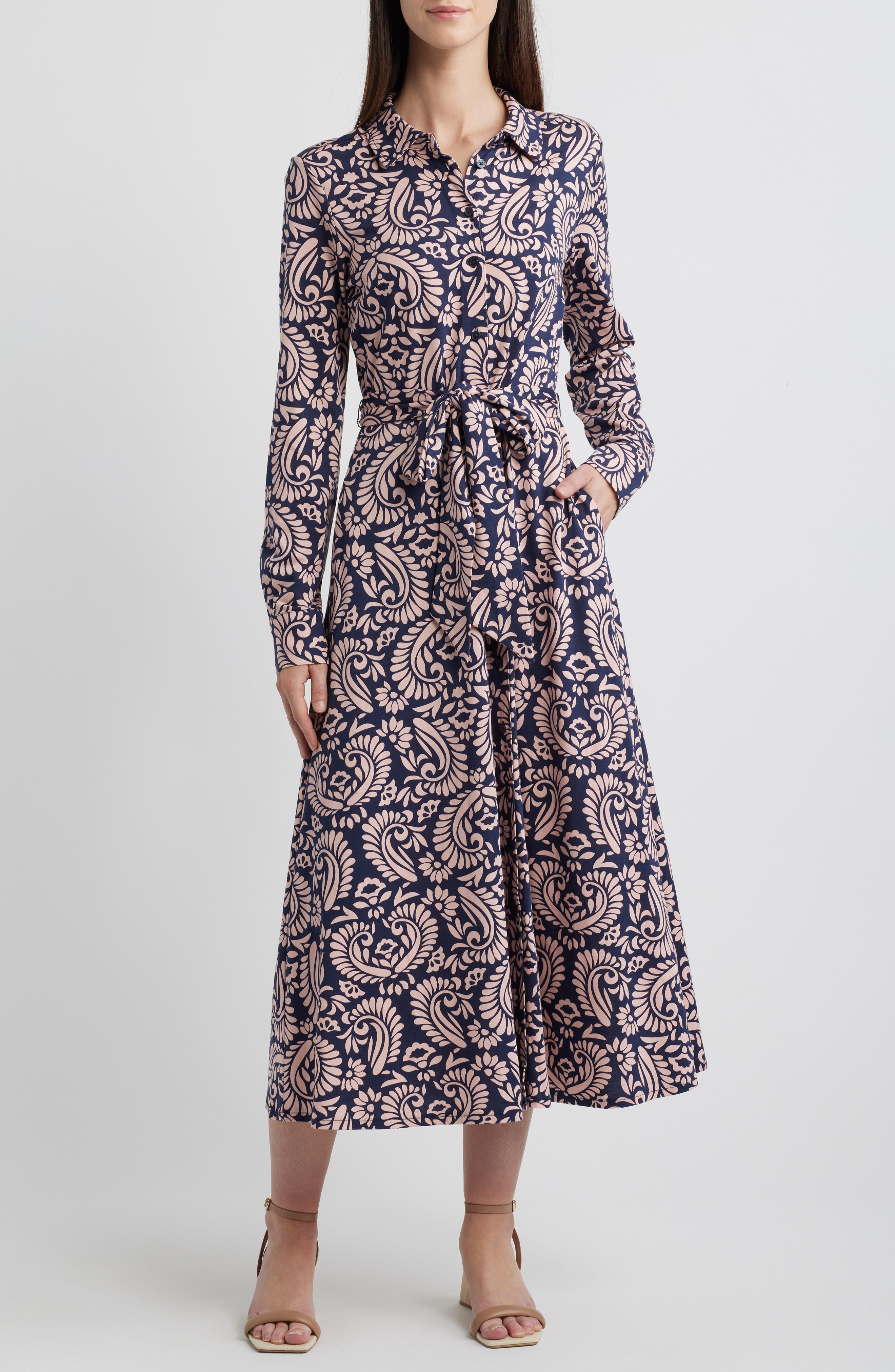 Boden Marcia Paisley Print Long Sleeve Midi Shirtdress in Milkshake Decorative Flora 
