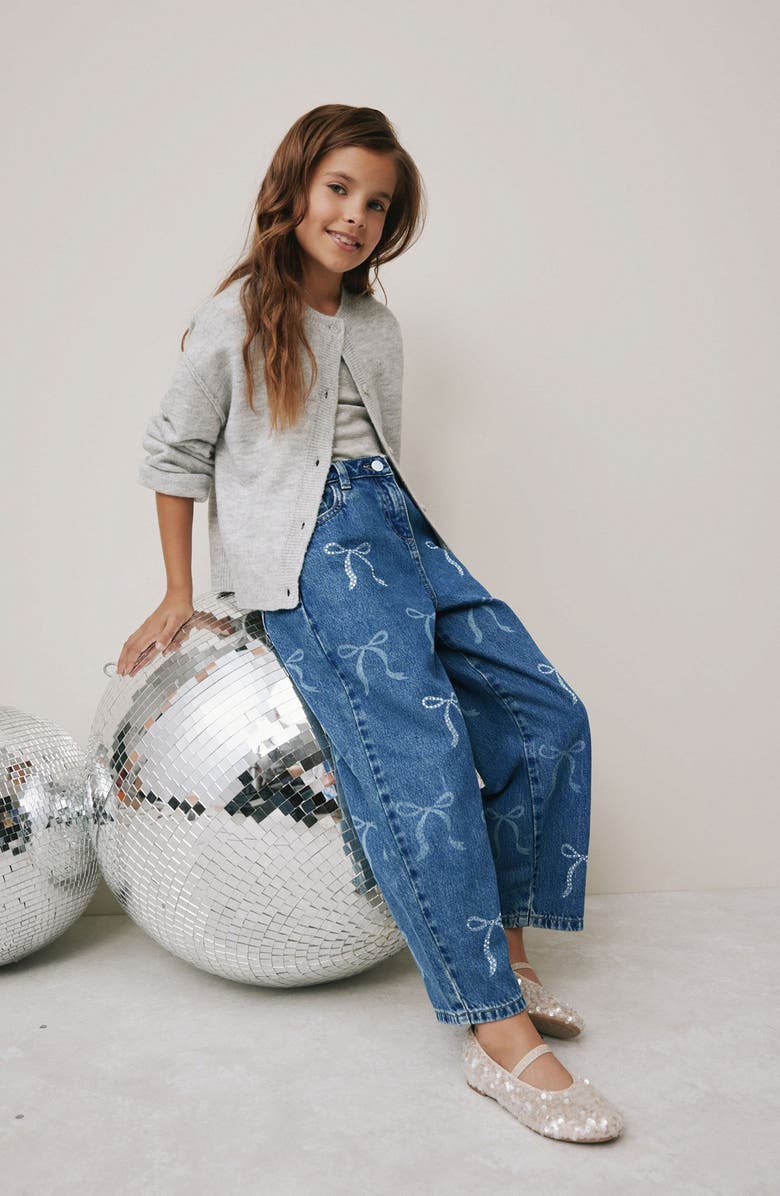 NEXT Kids' Sequin Bow Barrel Jeans, Alternate, color, Blue