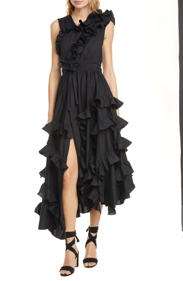 Ulla Johnson Imogen Ruffle Asymmetrical Cotton Wrap Dress, Alternate, color, Noir